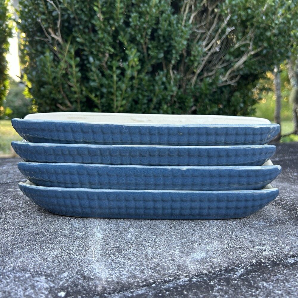 Vintage Ceramic Corn on the Cob Serving Dishes Blue Textured Set of 4 Pristine